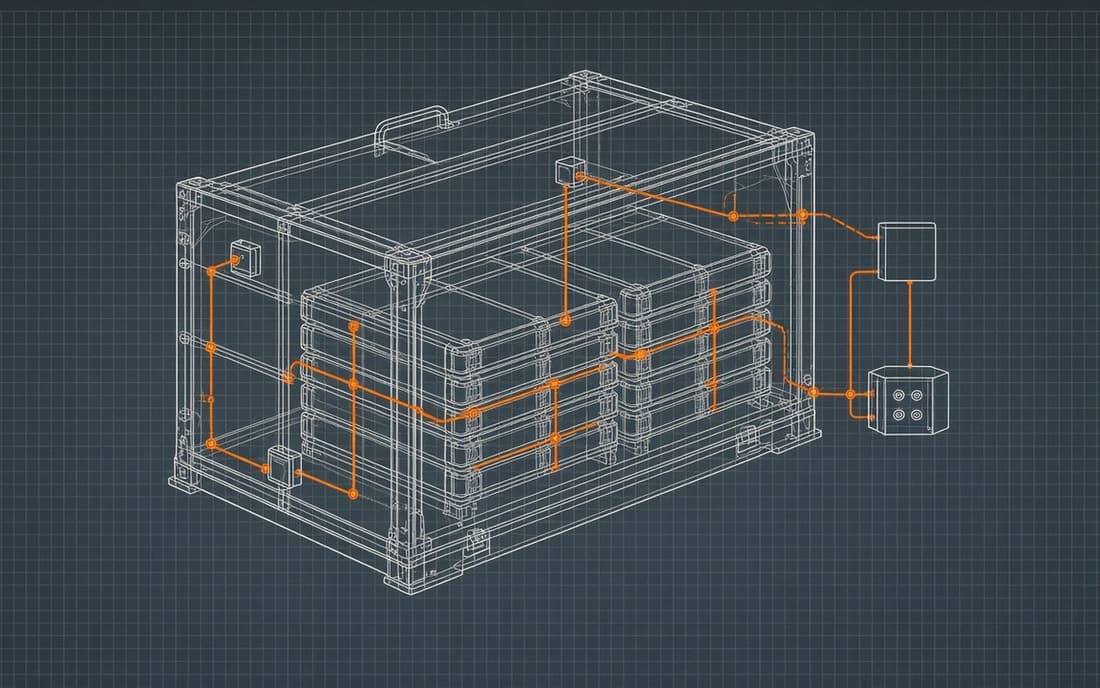 Wireframe drawing of a battery container with orange wiring paths