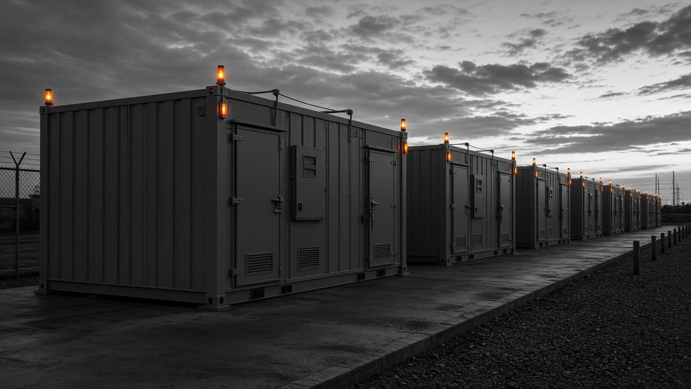 A row of grey storage containers with orange beacon lights under an overcast sky