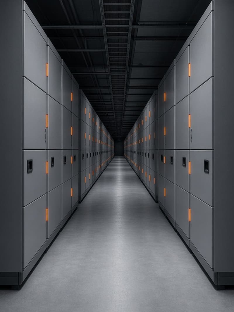 A long aisle between grey battery cabinets with small orange indicators