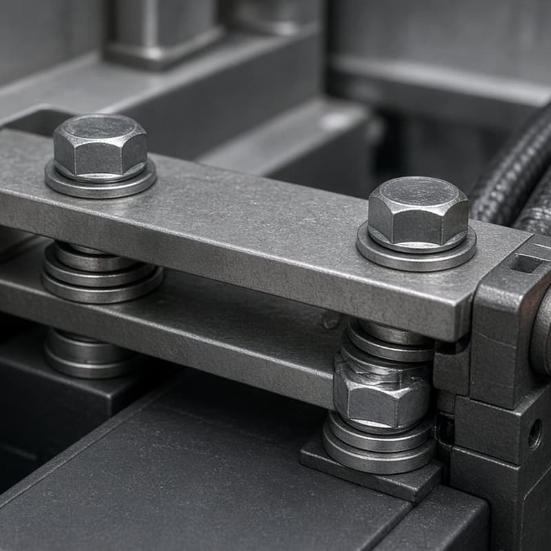 Close-up of bolted steel busbar connections