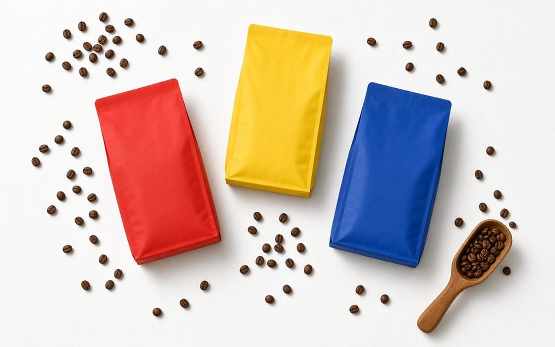 Red, yellow and blue coffee bags laid flat with scattered beans and a wooden scoop