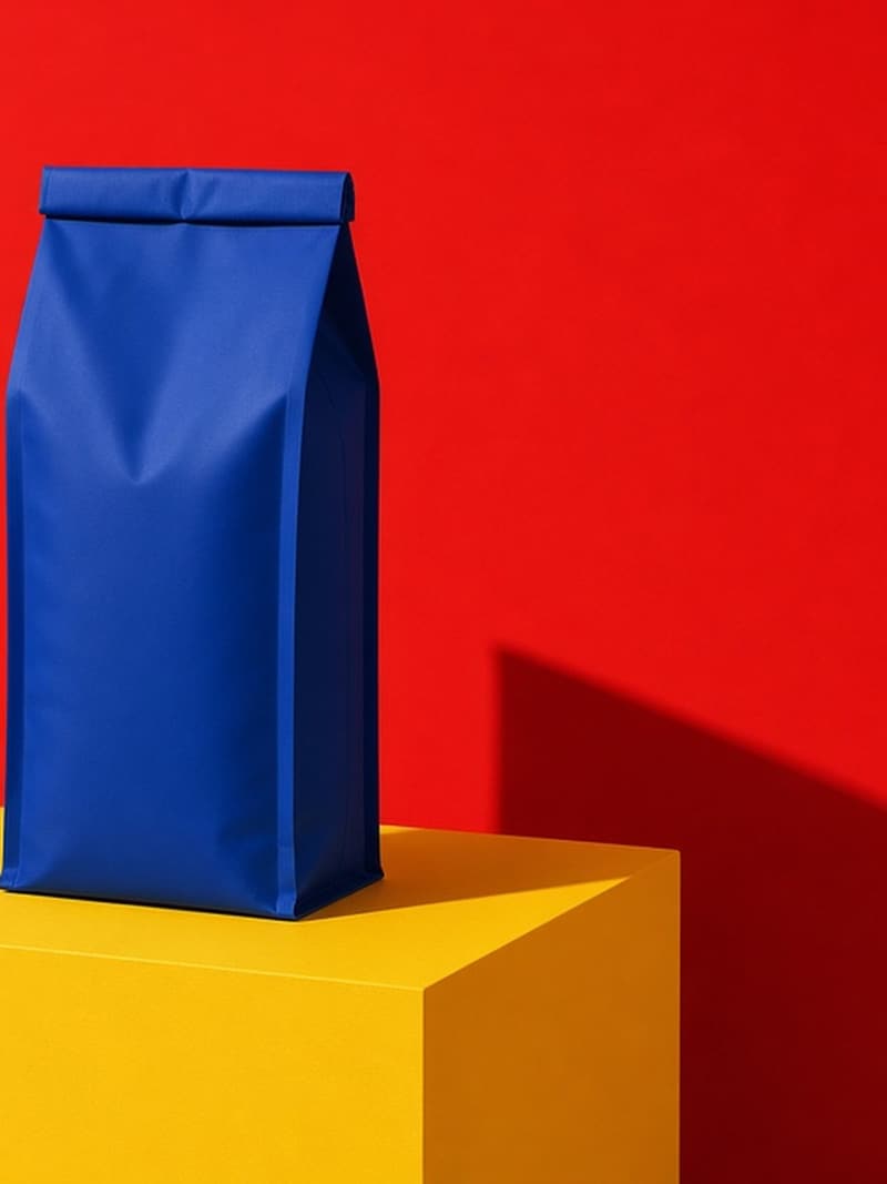 A blue coffee bag standing on a yellow block against red
