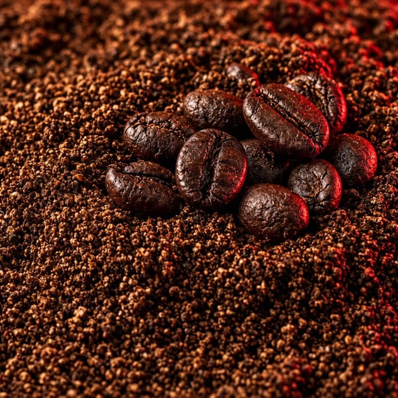 Whole roasted beans resting on freshly ground coffee