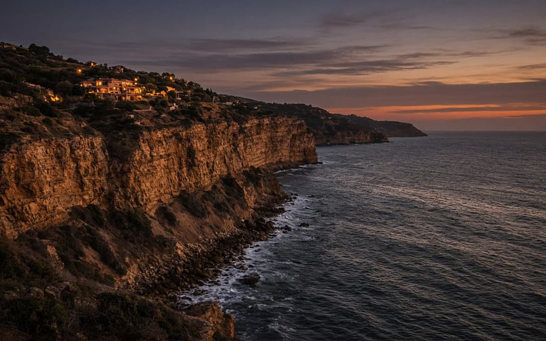 Sheer limestone cliffs dropping into the sea at dusk, village lights above