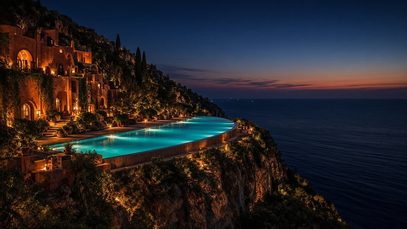 A terraced cliffside retreat at dusk, a lit infinity pool above a dark sea