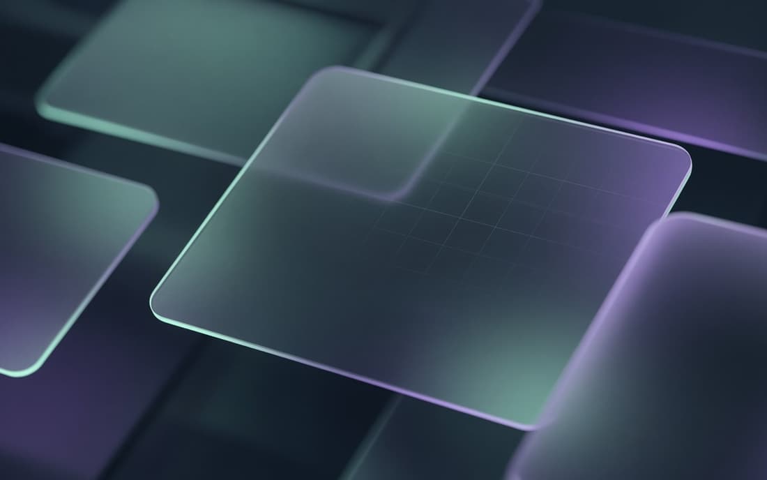 Frosted glass cards layered in soft mint and violet light