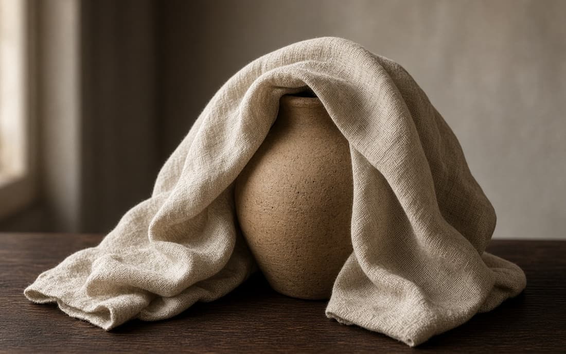 A clay vessel draped in heavy linen on a dark table