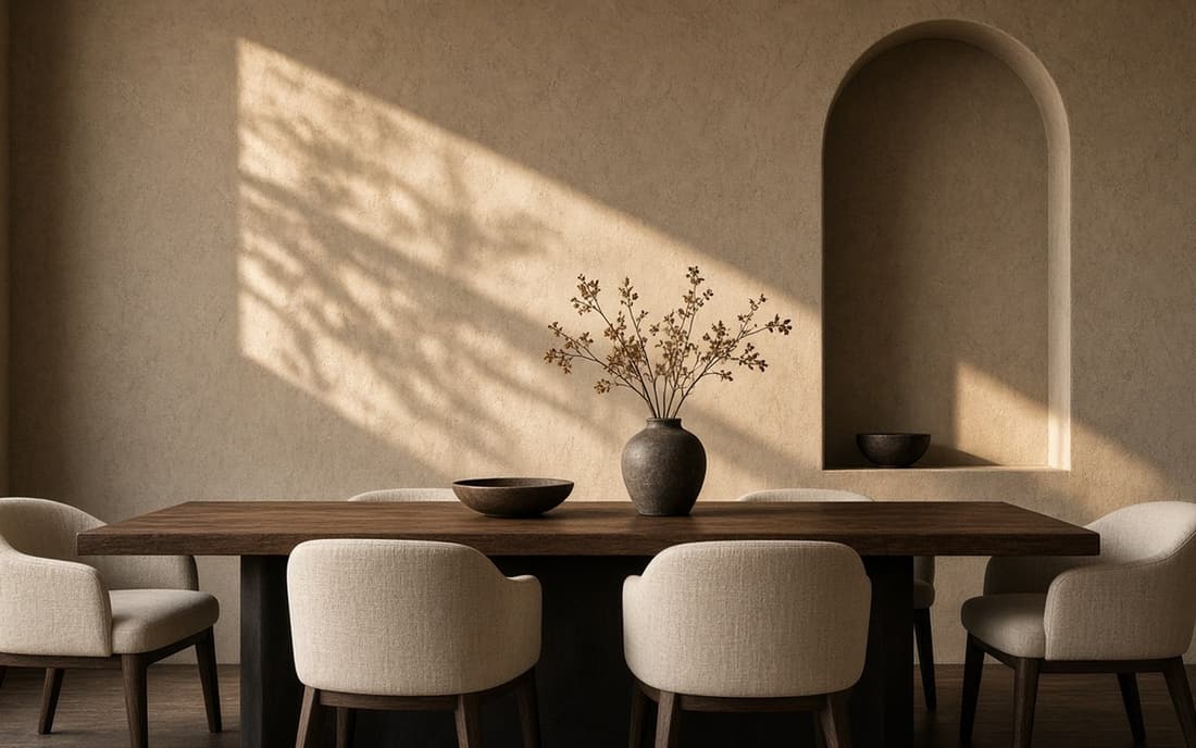 Dining room with a long timber table and an arched niche in late sun
