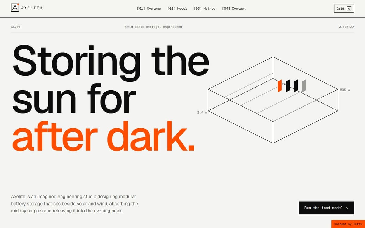 Axelith concept home page: the headline Storing the sun for after dark beside a line drawing of an isometric battery module