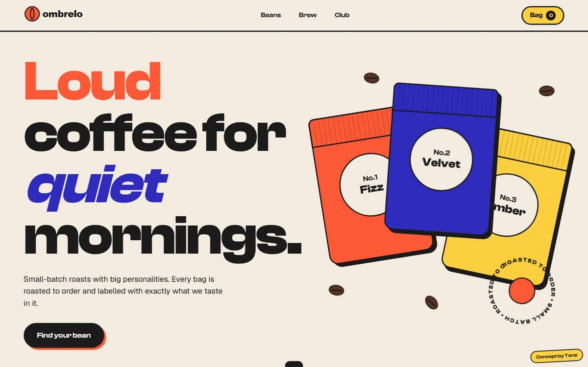 Ombrelo Coffee concept home page: the headline Loud coffee for quiet mornings beside three illustrated coffee bags in orange, blue and yellow