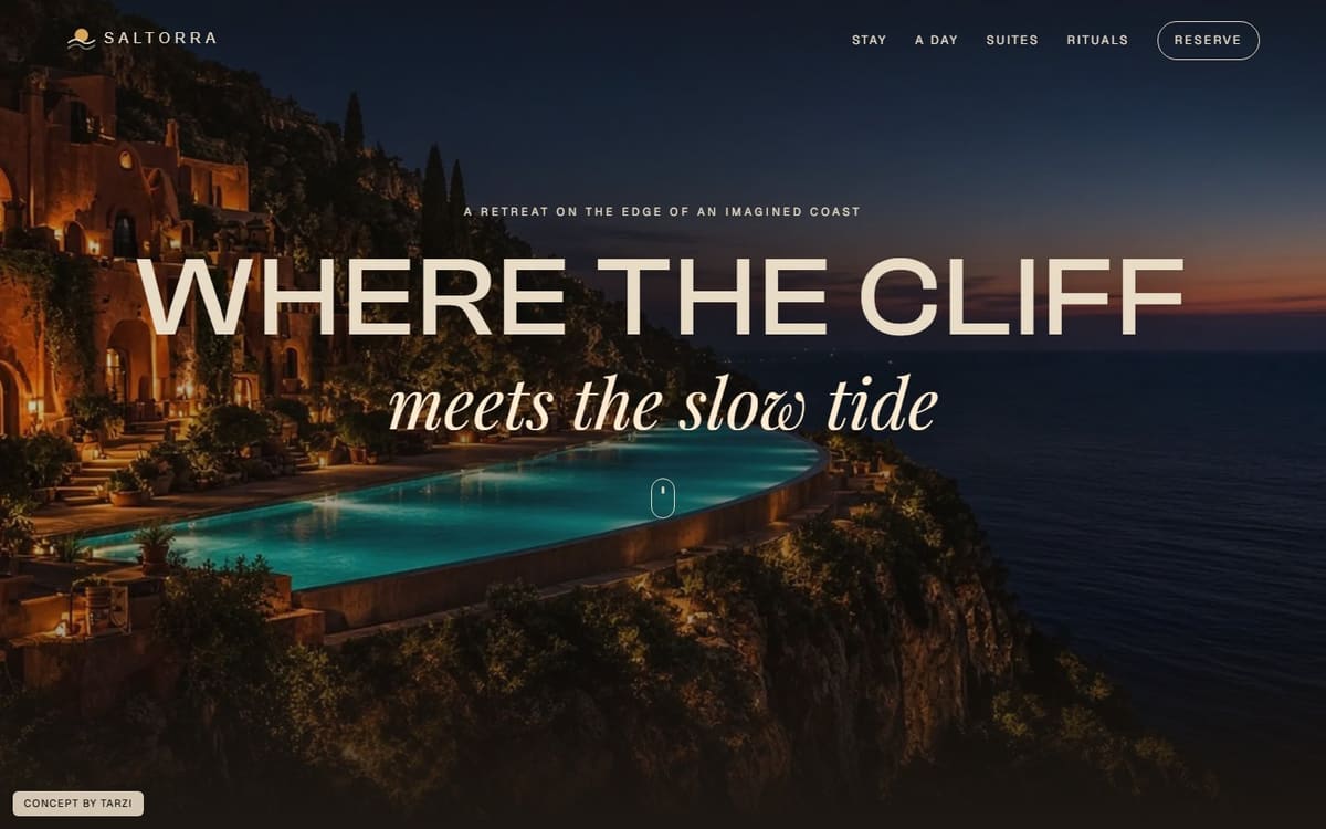Saltorra concept home page: the headline Where the cliff meets the slow tide over a photograph of a cliffside village and an infinity pool at dusk