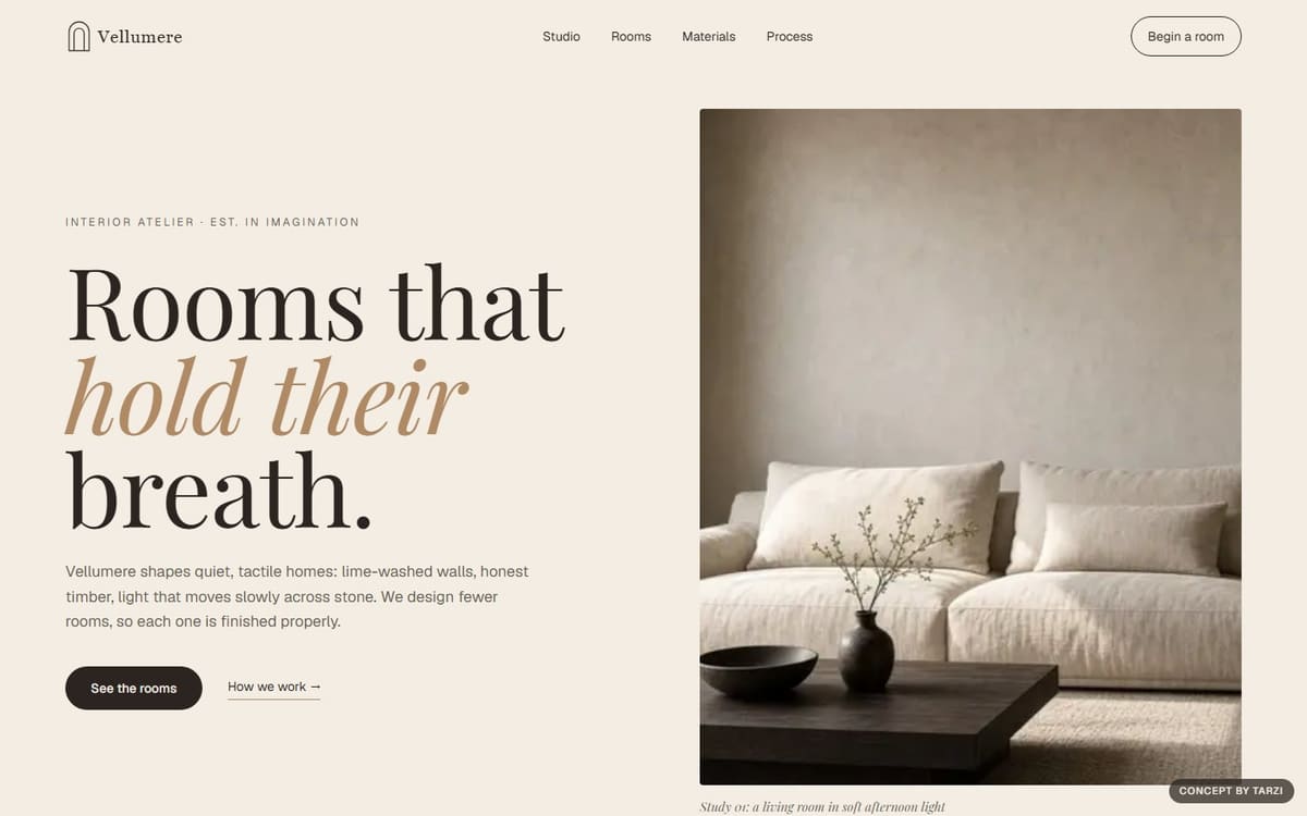 Vellumere concept home page: the headline Rooms that hold their breath beside a photograph of a pale sofa and a vase of branches in soft afternoon light