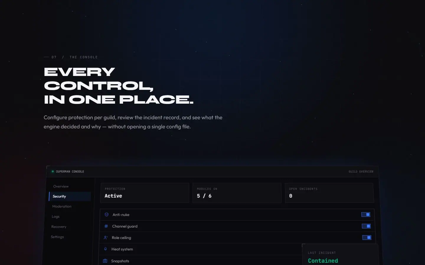 Console section titled Every control in one place, with a preview of the admin dashboard